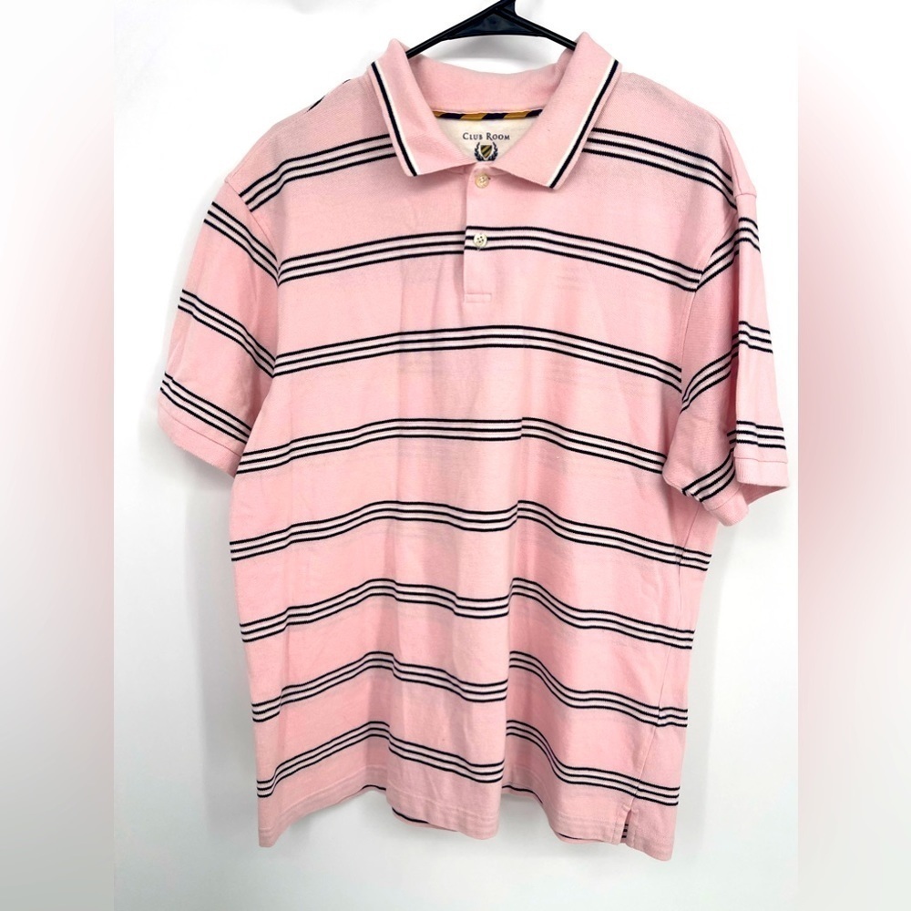 Club room pink polo short sleeve shirt size XL with blue stripes